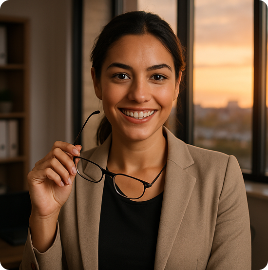 Executiva segurando óculos - Quem Somos | Kanaflex Brasil